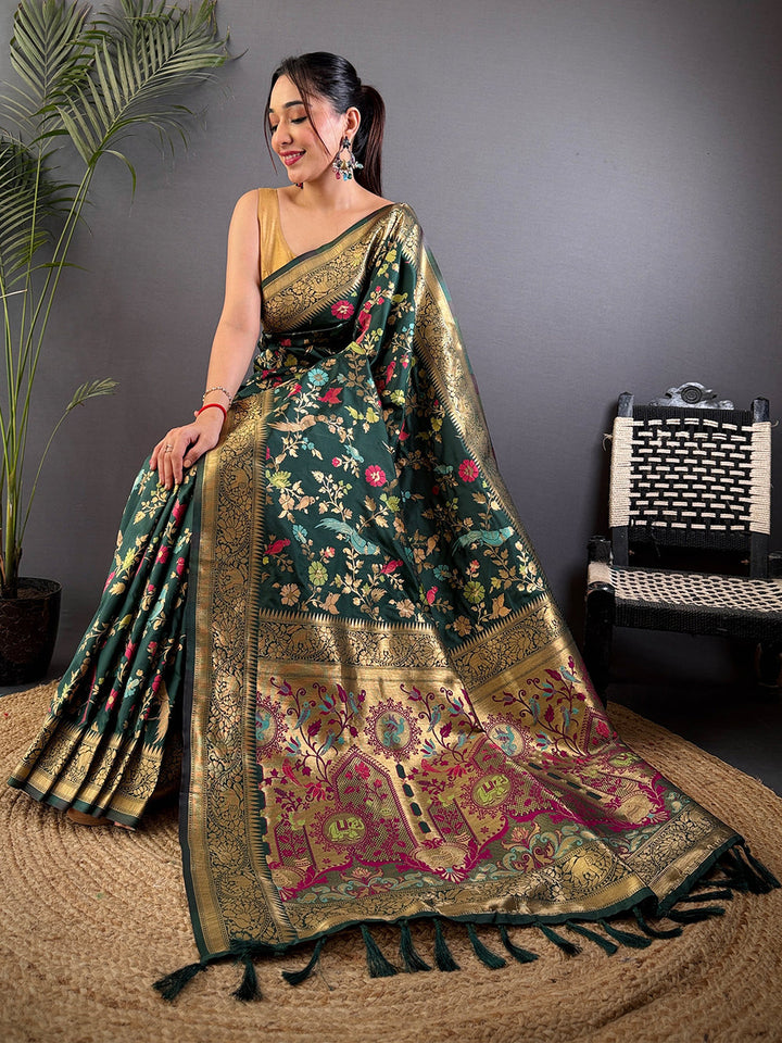 Dark Green Banarasi Silk Saree with Rich Zari Weaving & Floral Jaal