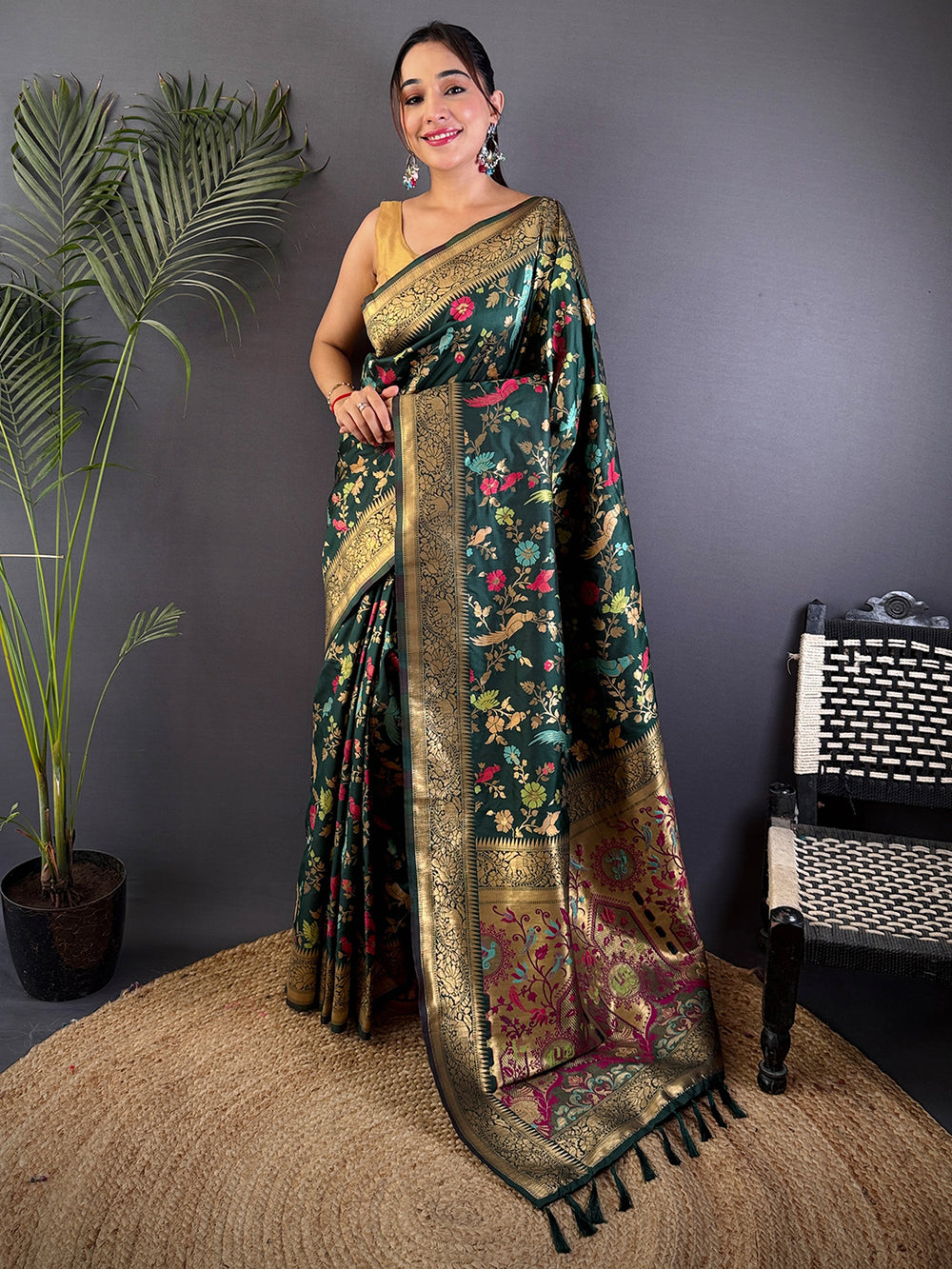 Dark Green Banarasi Silk Saree with Rich Zari Weaving & Floral Jaal