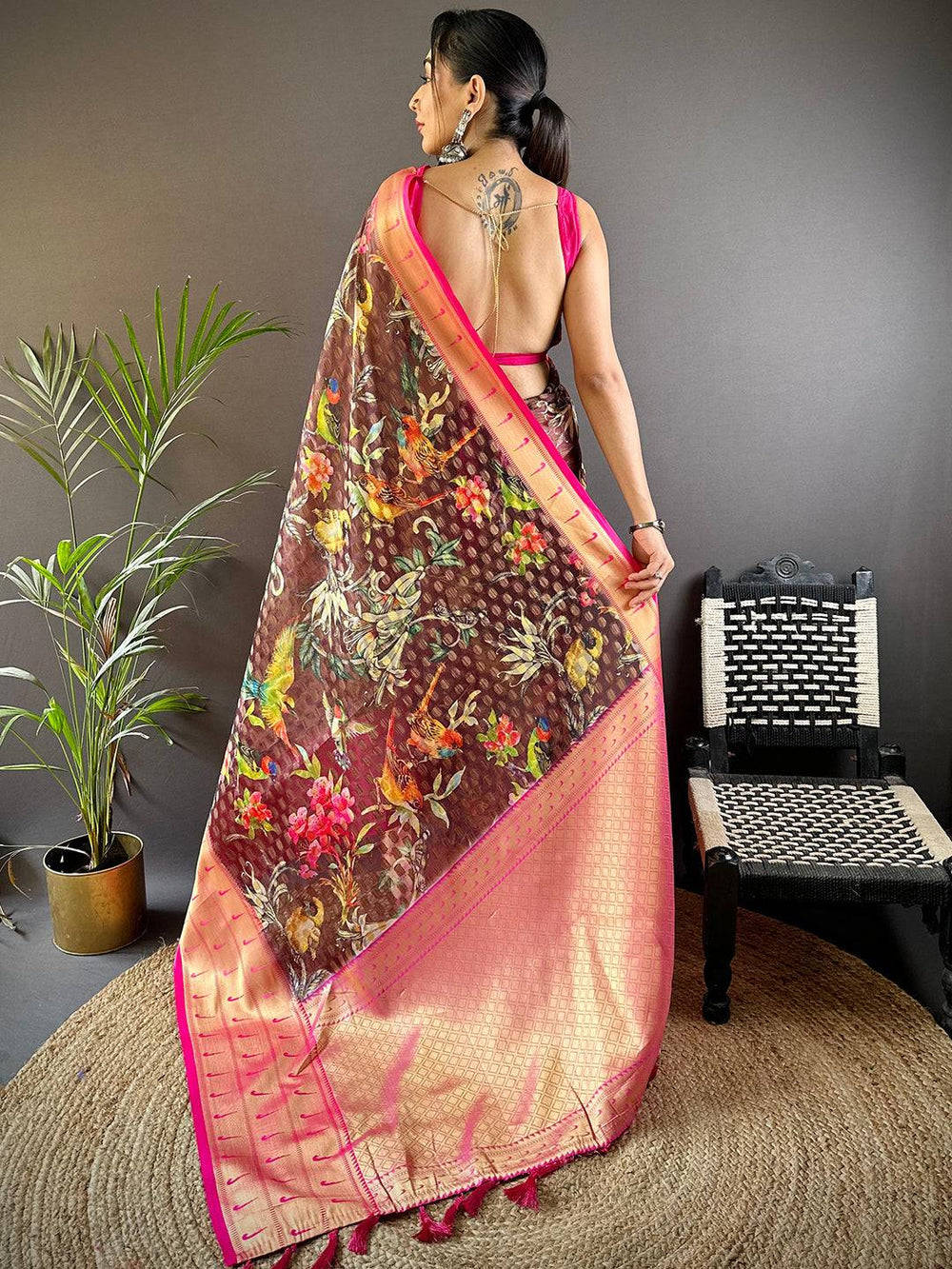Pink Soft Silk Saree with Multicolor Floral Digital Print & Gold Zari Border