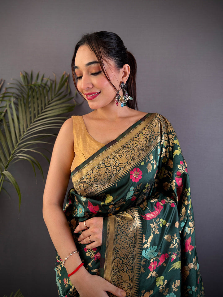 Dark Green Banarasi Silk Saree with Rich Zari Weaving & Floral Jaal