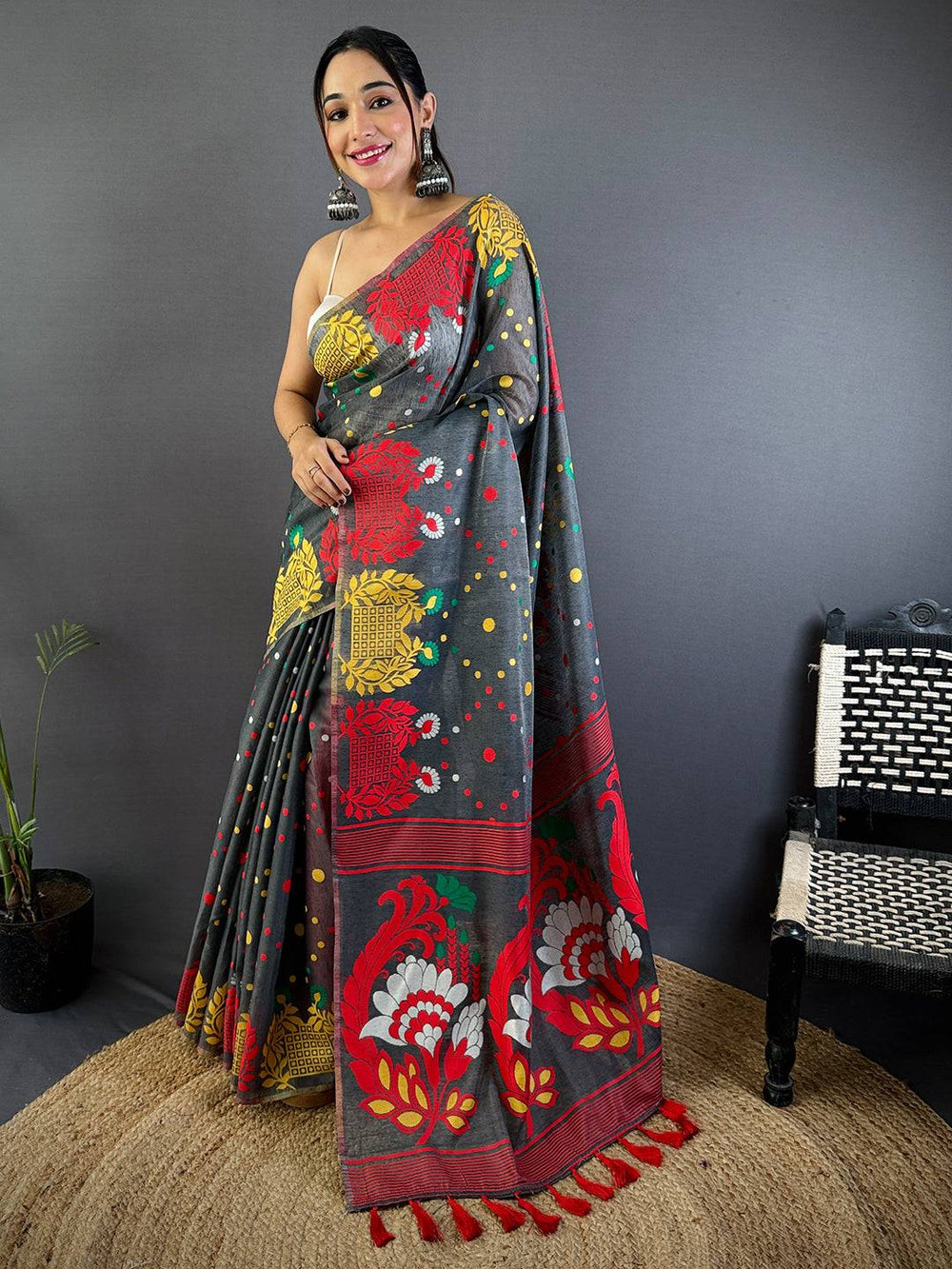 Grey Soft Silk Saree with Multicolor Floral & Geometric Print