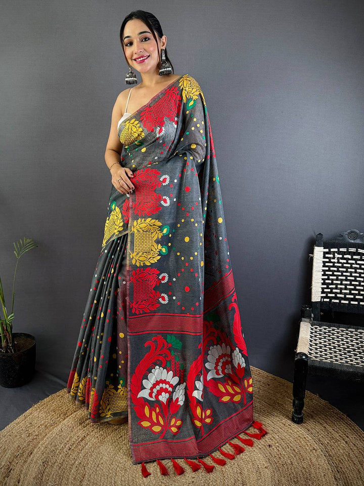 Grey Soft Silk Saree with Multicolor Floral & Geometric Print