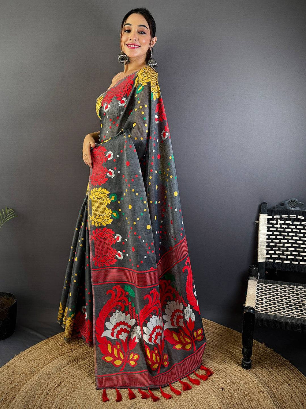 Grey Soft Silk Saree with Multicolor Floral & Geometric Print
