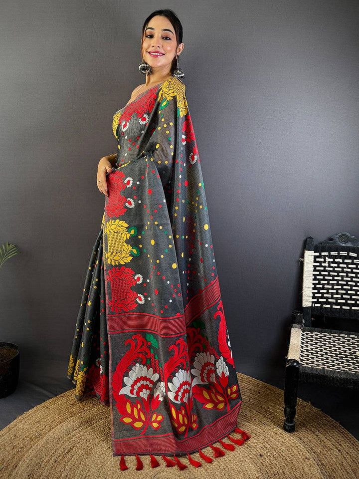 Grey Soft Silk Saree with Multicolor Floral & Geometric Print