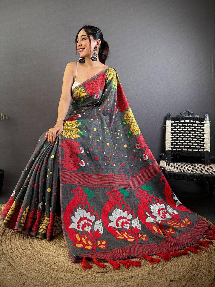 Grey Soft Silk Saree with Multicolor Floral & Geometric Print