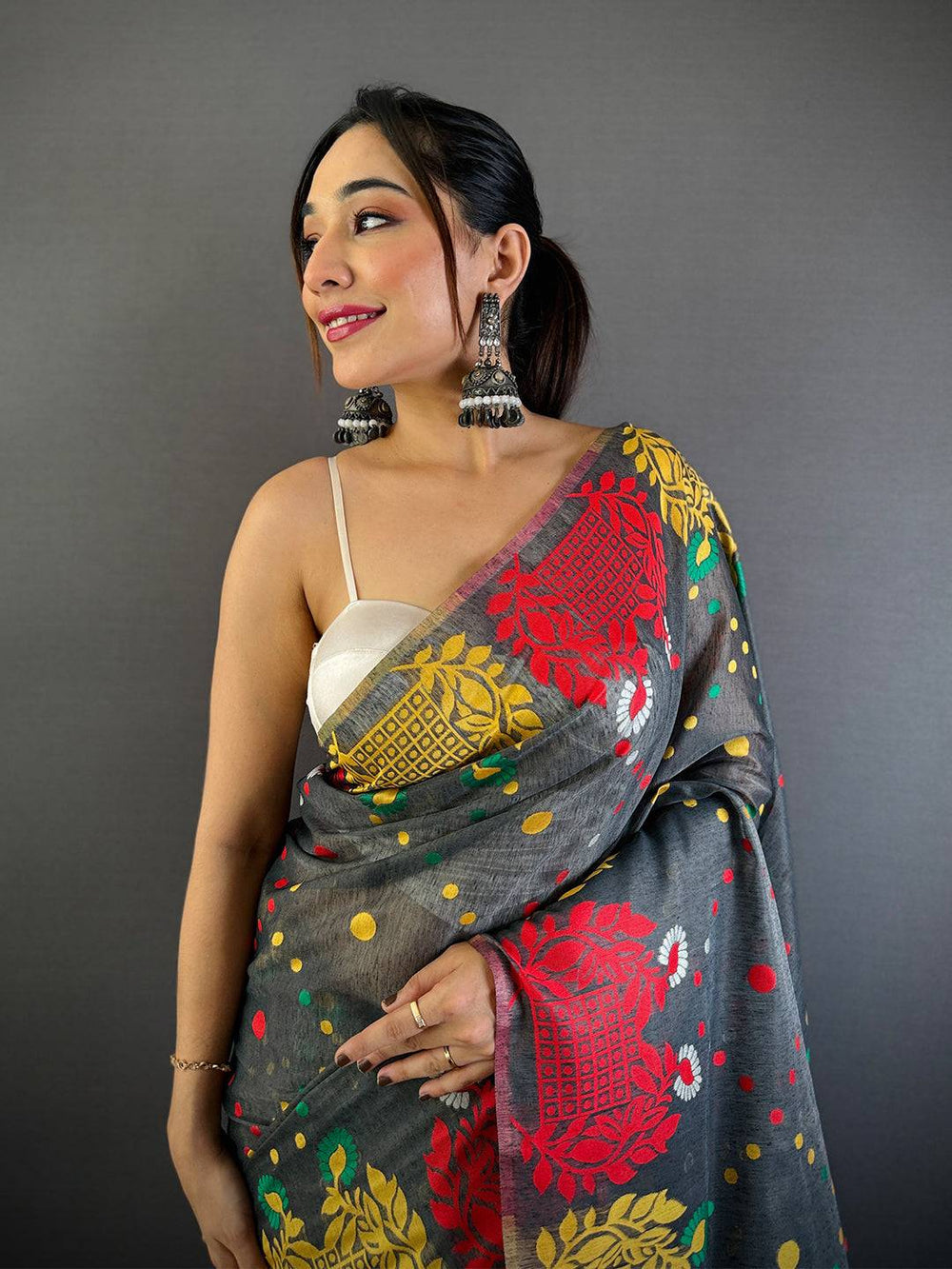 Grey Soft Silk Saree with Multicolor Floral & Geometric Print