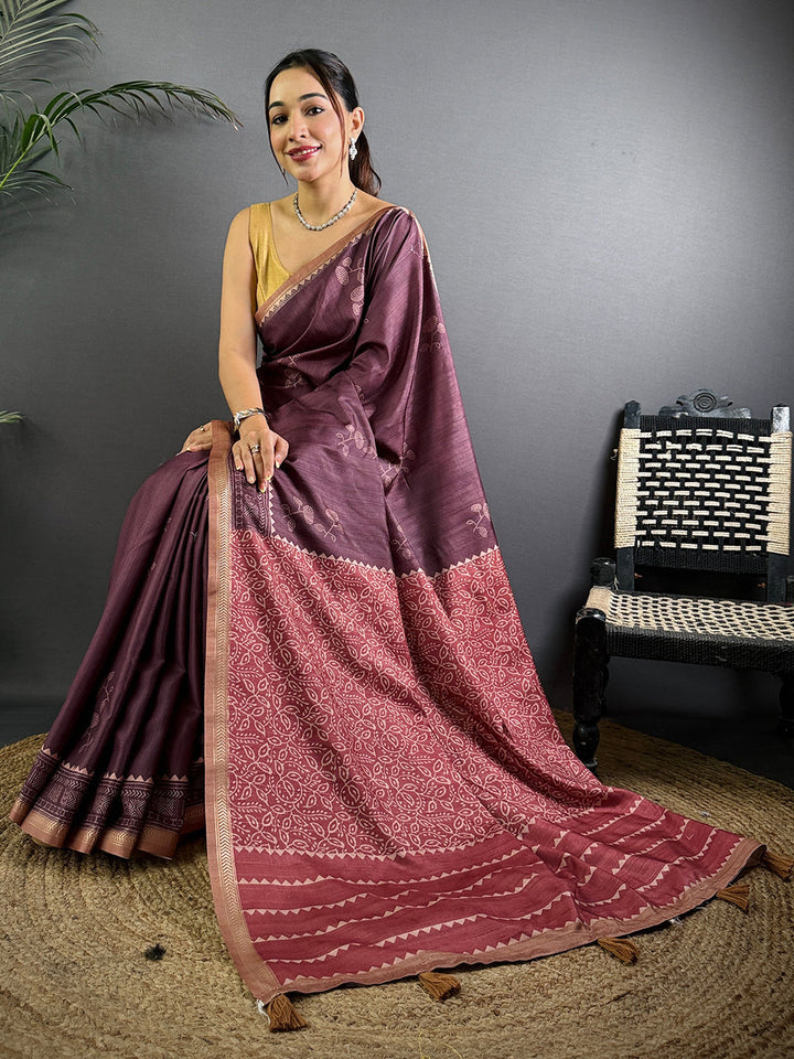 Plum Purple Banarasi Silk Saree with Copper Zari Weaving & Traditional Motifs