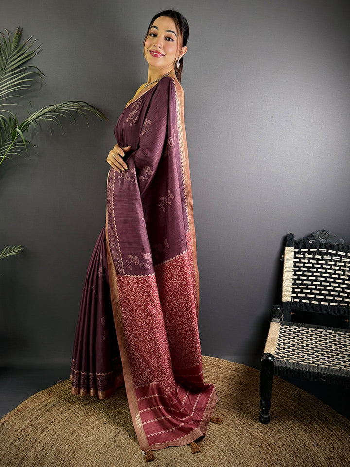 Plum Purple Banarasi Silk Saree with Copper Zari Weaving & Traditional Motifs