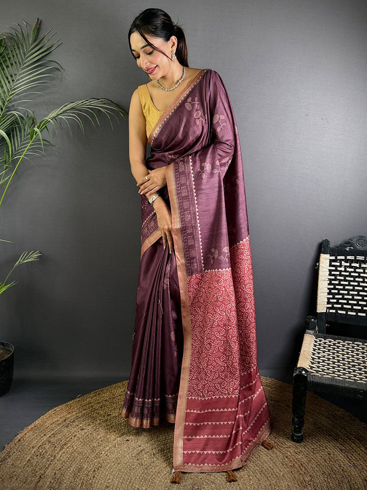 Plum Purple Banarasi Silk Saree with Copper Zari Weaving & Traditional Motifs