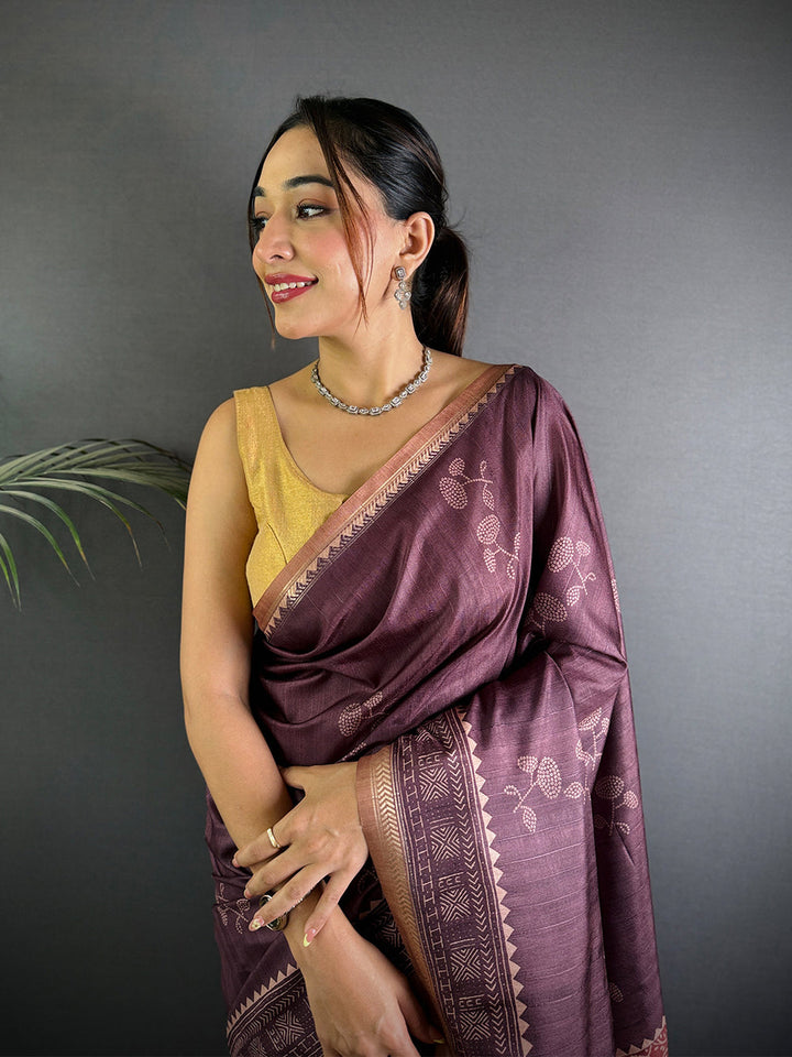 Plum Purple Banarasi Silk Saree with Copper Zari Weaving & Traditional Motifs