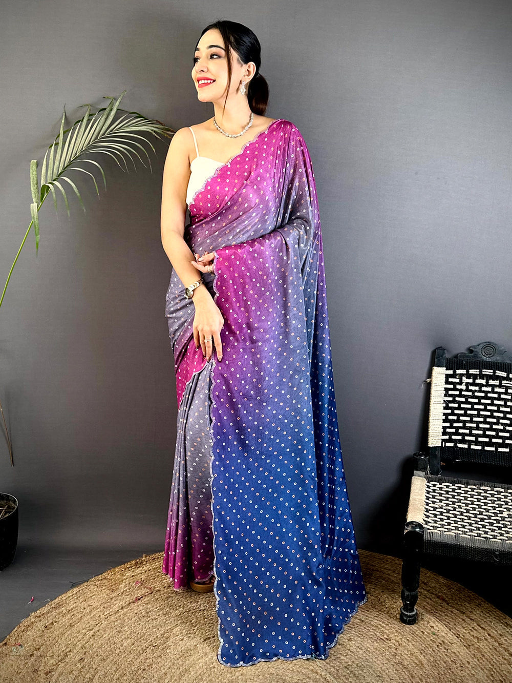 Purple & Blue Ombre Soft Silk Saree with All Over Mirror Dot Print & Scallop Border
