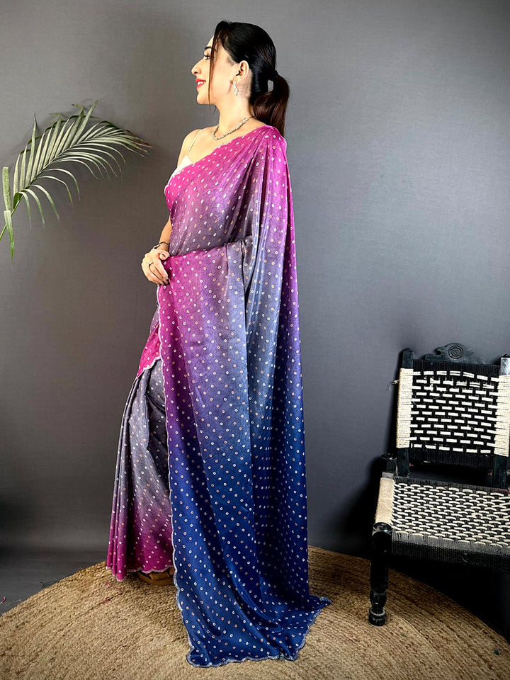 Purple & Blue Ombre Soft Silk Saree with All Over Mirror Dot Print & Scallop Border