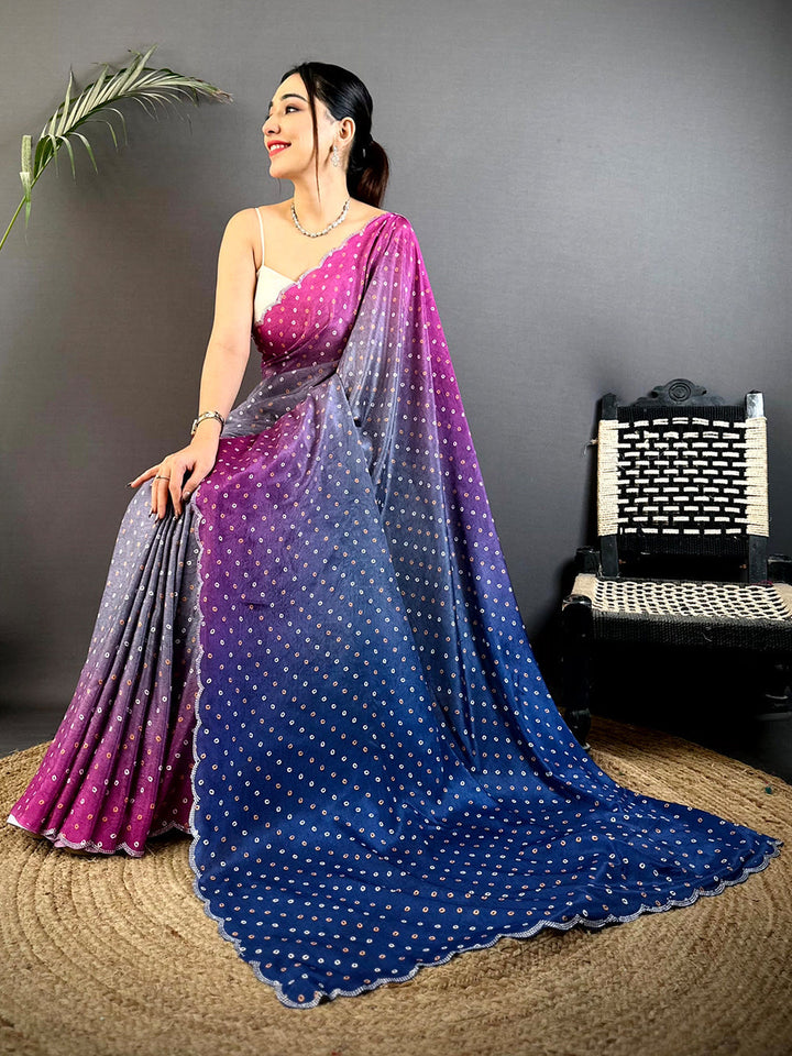 Purple & Blue Ombre Soft Silk Saree with All Over Mirror Dot Print & Scallop Border