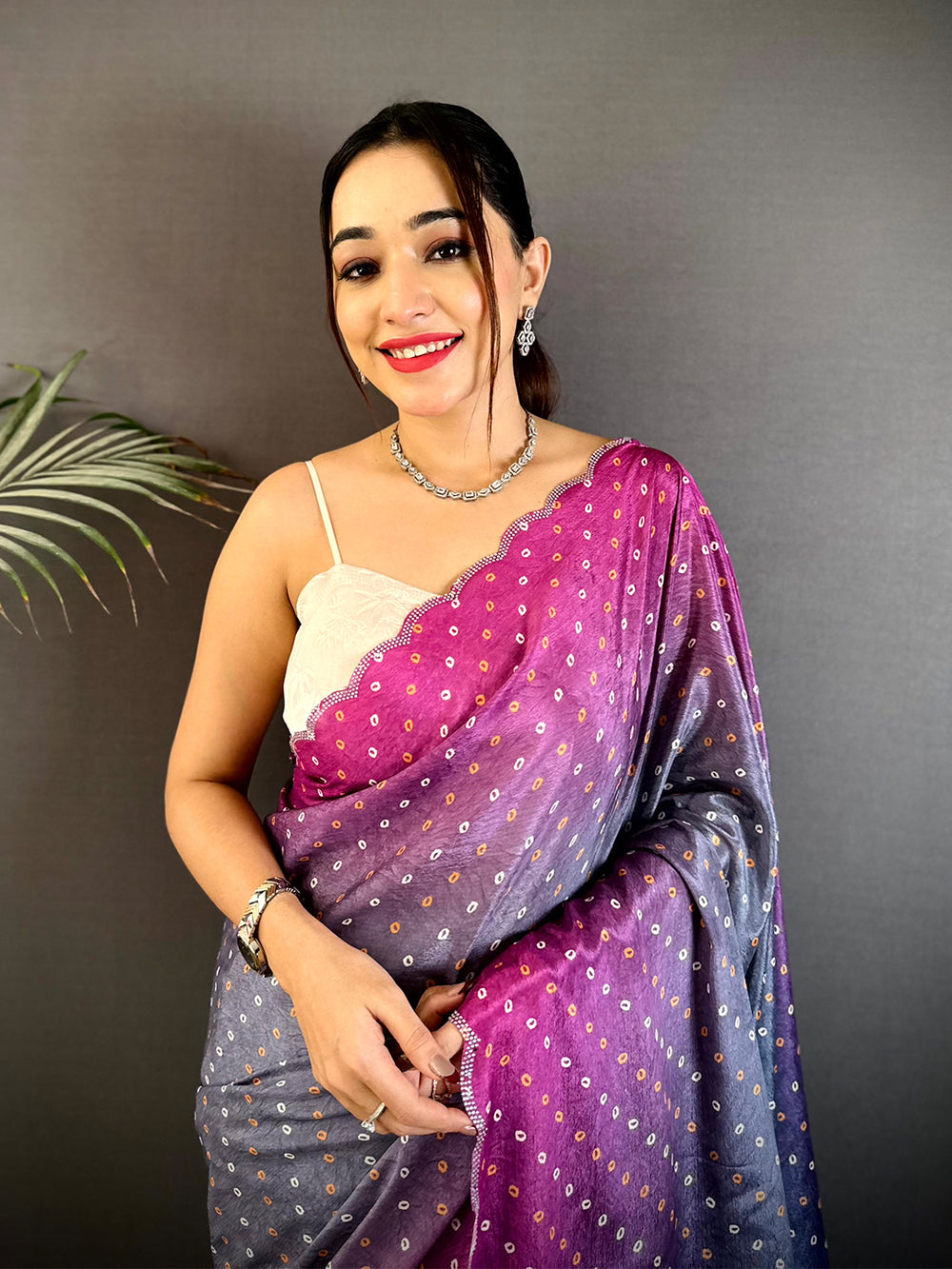 Purple & Blue Ombre Soft Silk Saree with All Over Mirror Dot Print & Scallop Border