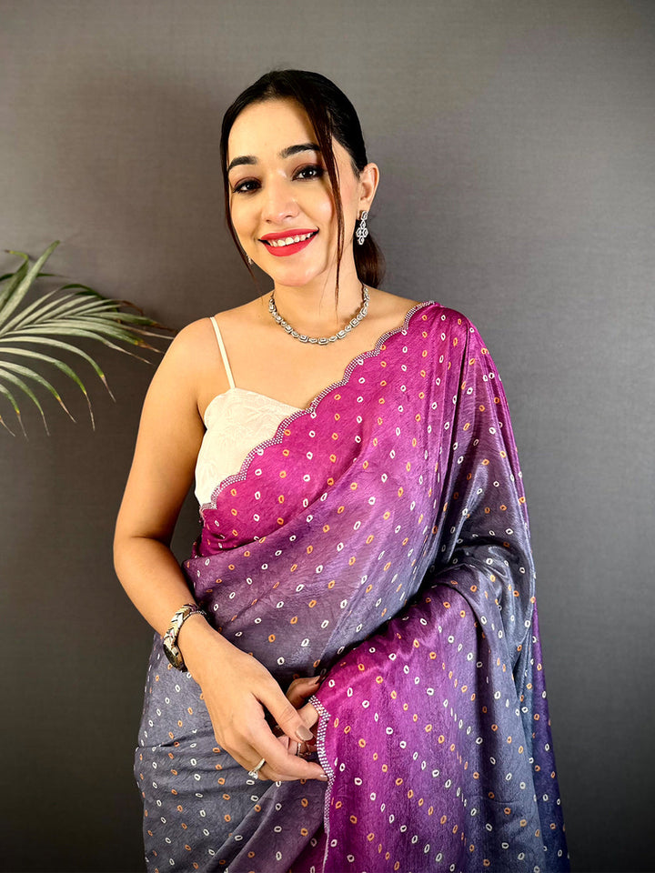 Purple & Blue Ombre Soft Silk Saree with All Over Mirror Dot Print & Scallop Border