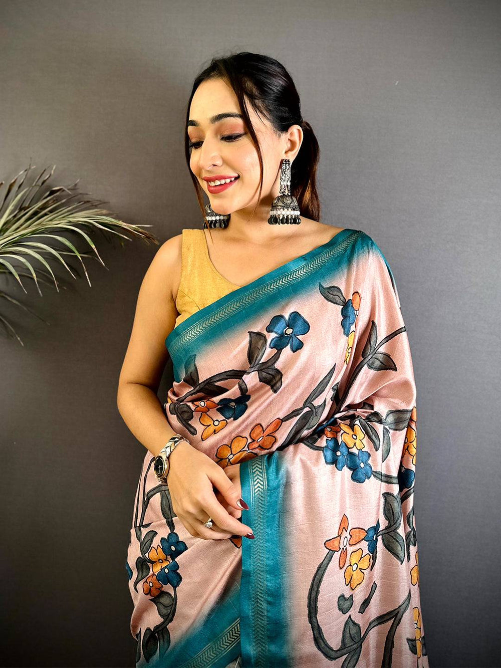 Peach Soft Silk Saree with Multicolor Floral Print & Teal Artistic Pallu
