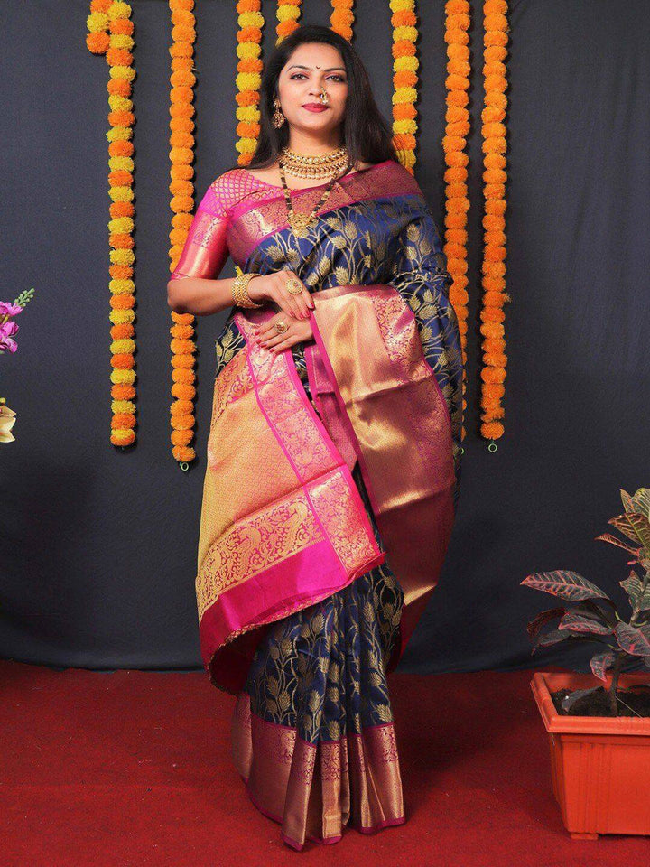 Navy Blue & Pink Banarasi Silk Saree with Rich Gold Zari Weaving