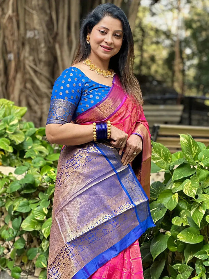 Pink & Gold Kanjivaram Banarasi Silk Saree with Rich Zari Weaving