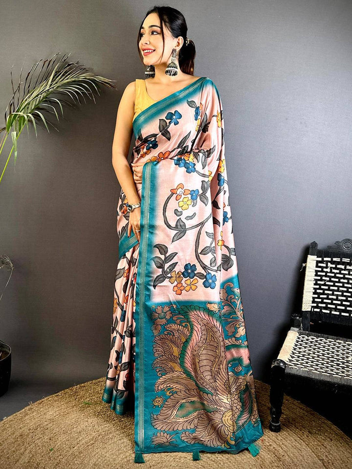 Peach Soft Silk Saree with Multicolor Floral Print & Teal Artistic Pallu