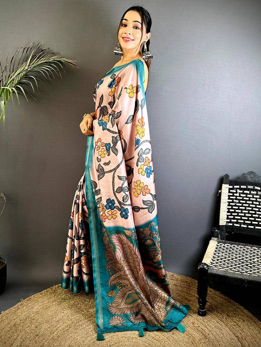 Peach Soft Silk Saree with Multicolor Floral Print & Teal Artistic Pallu