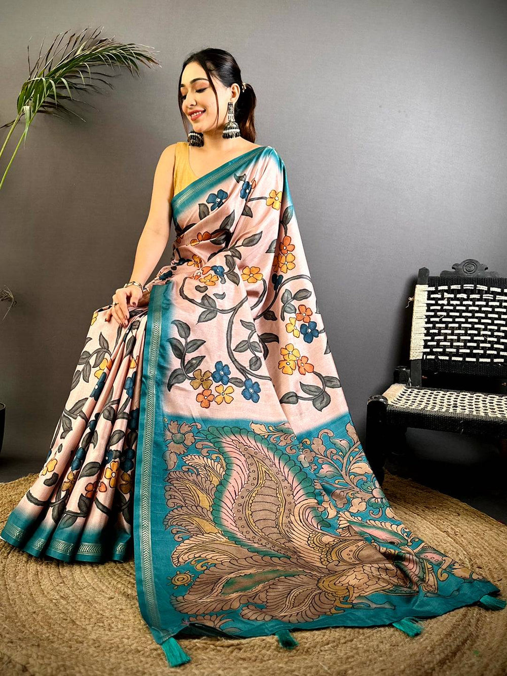 Peach Soft Silk Saree with Multicolor Floral Print & Teal Artistic Pallu