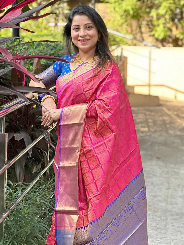 Pink & Gold Kanjivaram Banarasi Silk Saree with Rich Zari Weaving