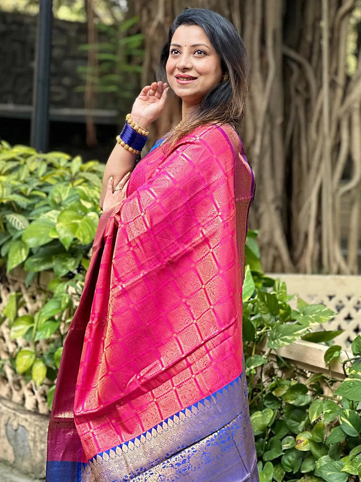 Pink & Gold Kanjivaram Banarasi Silk Saree with Rich Zari Weaving