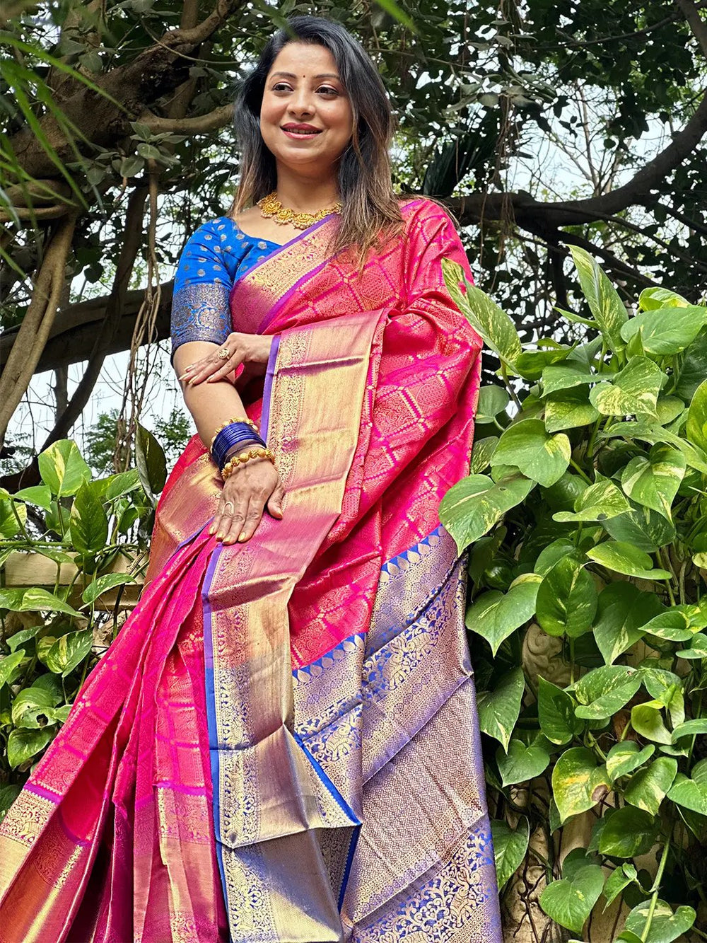 Pink & Gold Kanjivaram Banarasi Silk Saree with Rich Zari Weaving