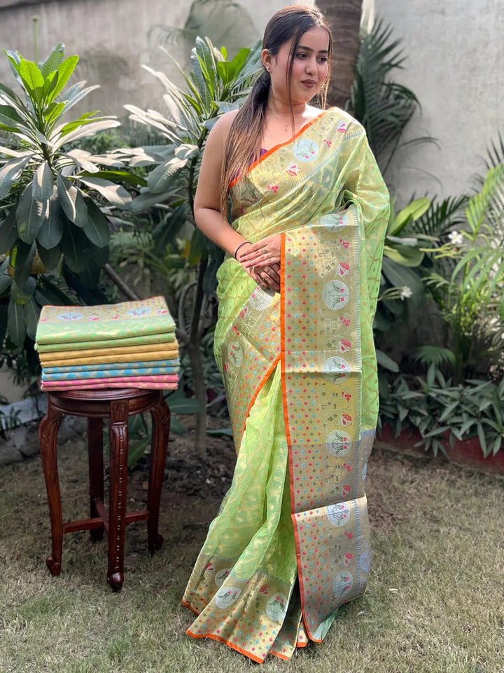 Light Green Soft Silk Saree with Weaving Motifs & Contrast Orange Border