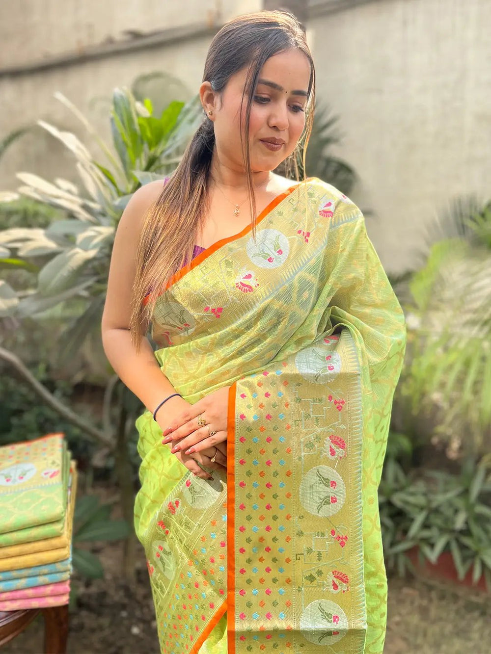 Light Green Soft Silk Saree with Weaving Motifs & Contrast Orange Border