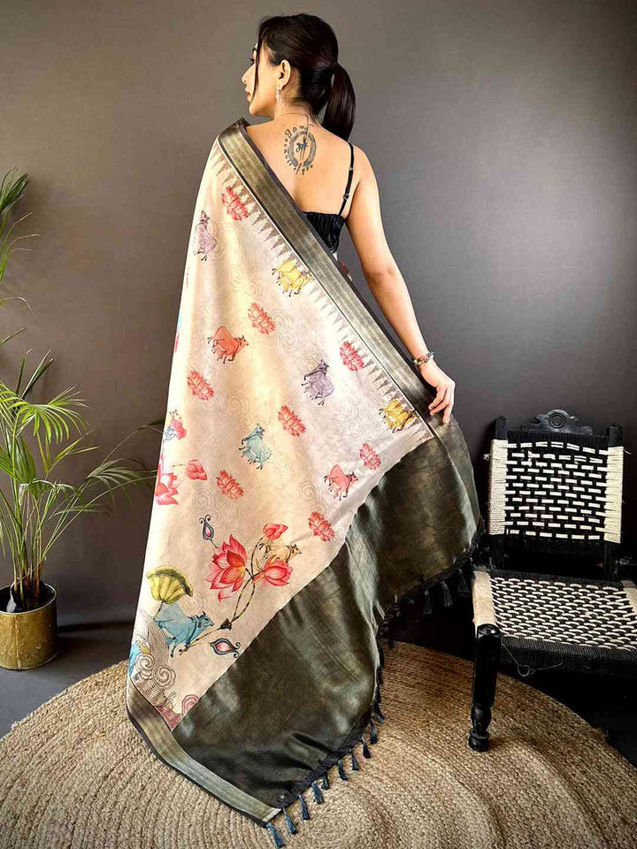 Cream Soft Silk Saree with Multicolor Artistic Print & Contrast Grey Border