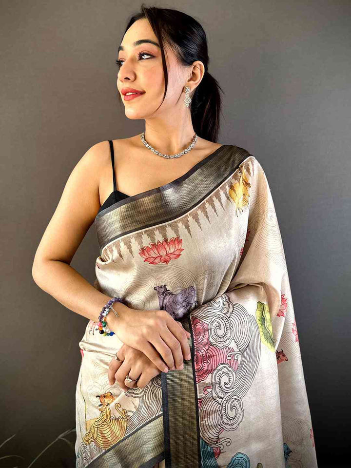 Cream Soft Silk Saree with Multicolor Artistic Print & Contrast Grey Border