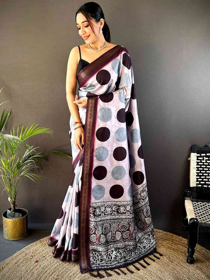 Grey & Maroon Polka Dot Soft Silk Saree with Designer Kalamkari Style Pallu