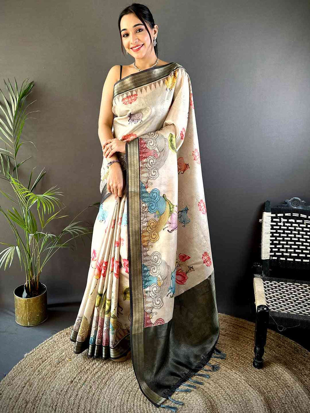 Cream Soft Silk Saree with Multicolor Artistic Print & Contrast Grey Border