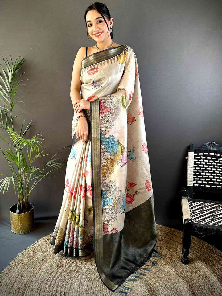 Cream Soft Silk Saree with Multicolor Artistic Print & Contrast Grey Border