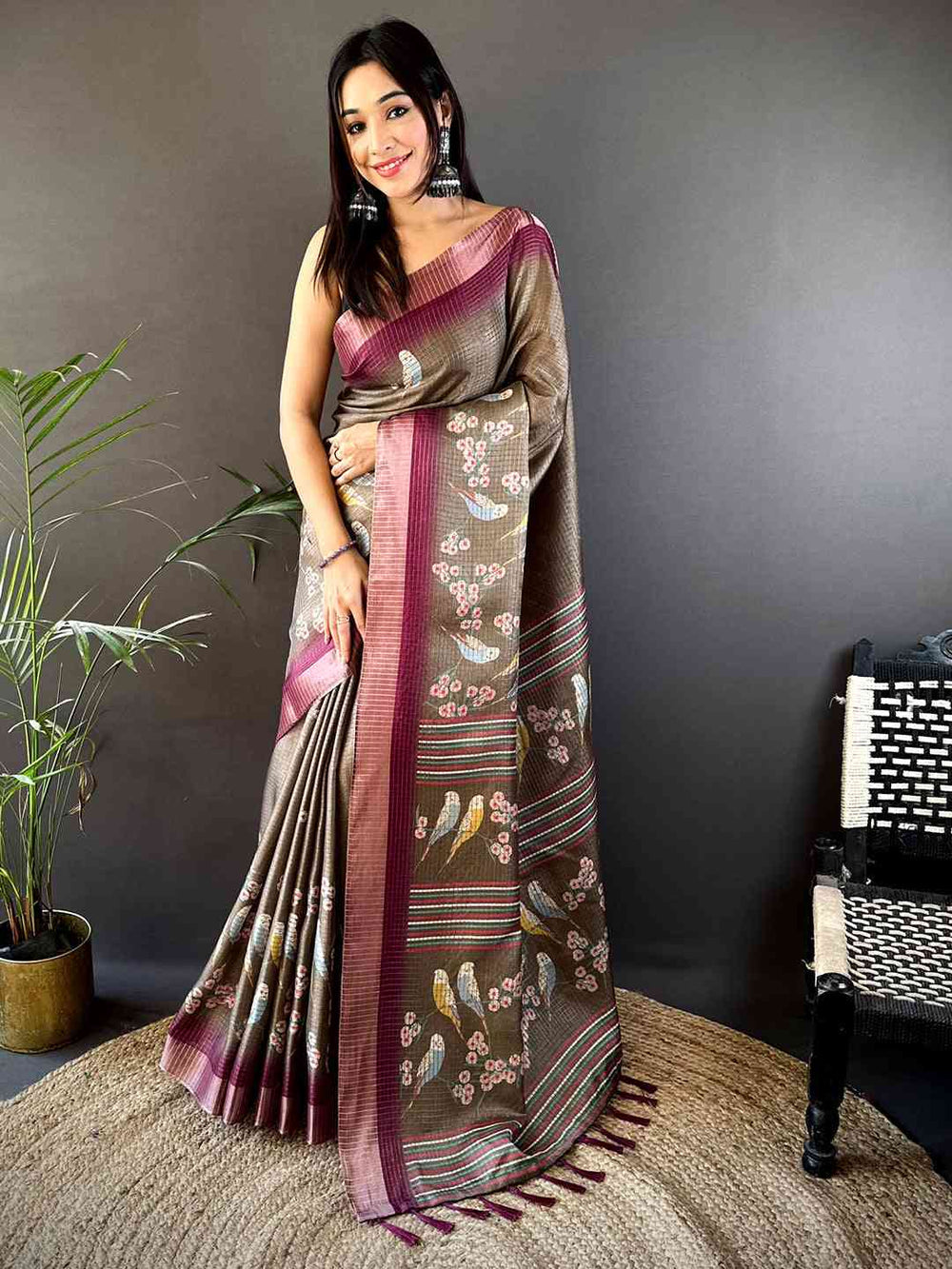 Brown Soft Silk Saree with Birds & Floral Print and Maroon Contrast Border
