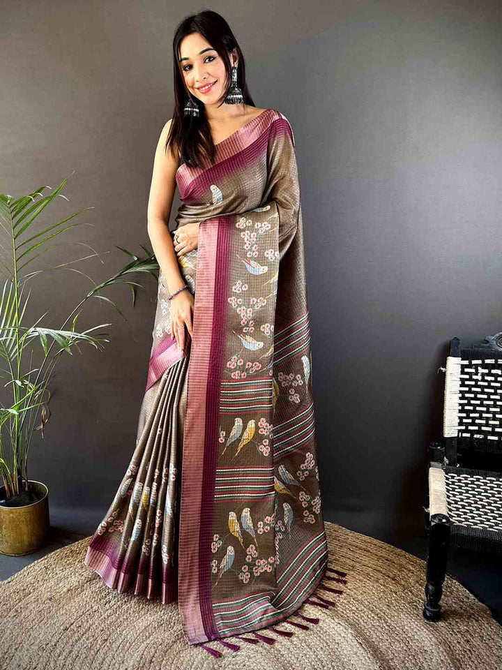 Brown Soft Silk Saree with Birds & Floral Print and Maroon Contrast Border