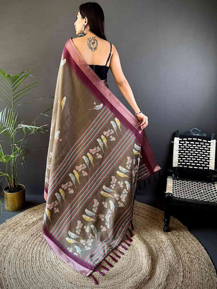Brown Soft Silk Saree with Birds & Floral Print and Maroon Contrast Border