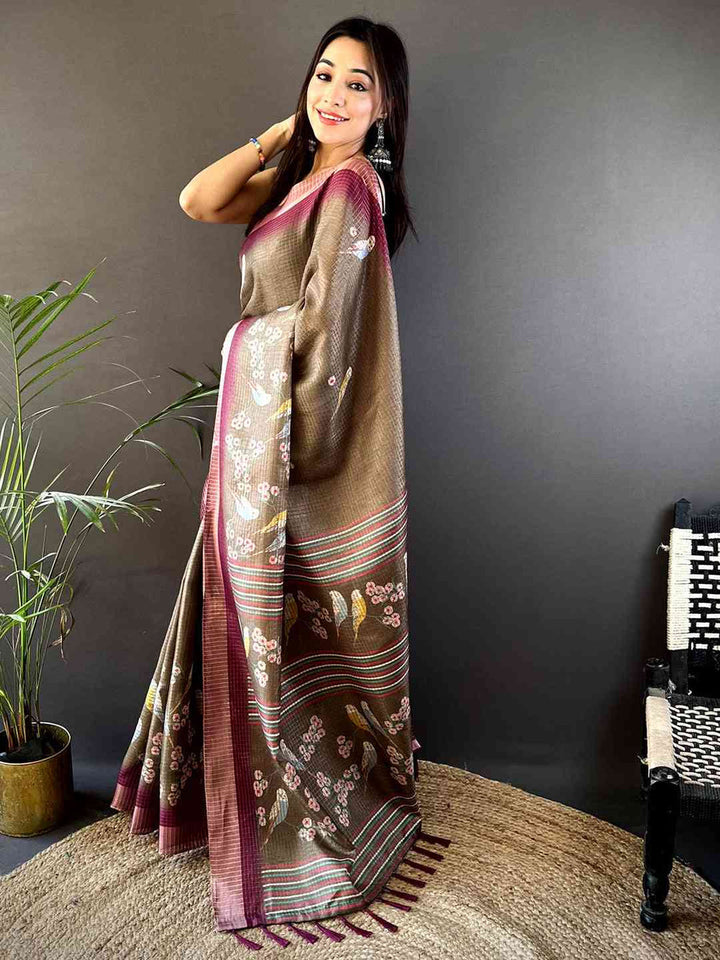 Brown Soft Silk Saree with Birds & Floral Print and Maroon Contrast Border