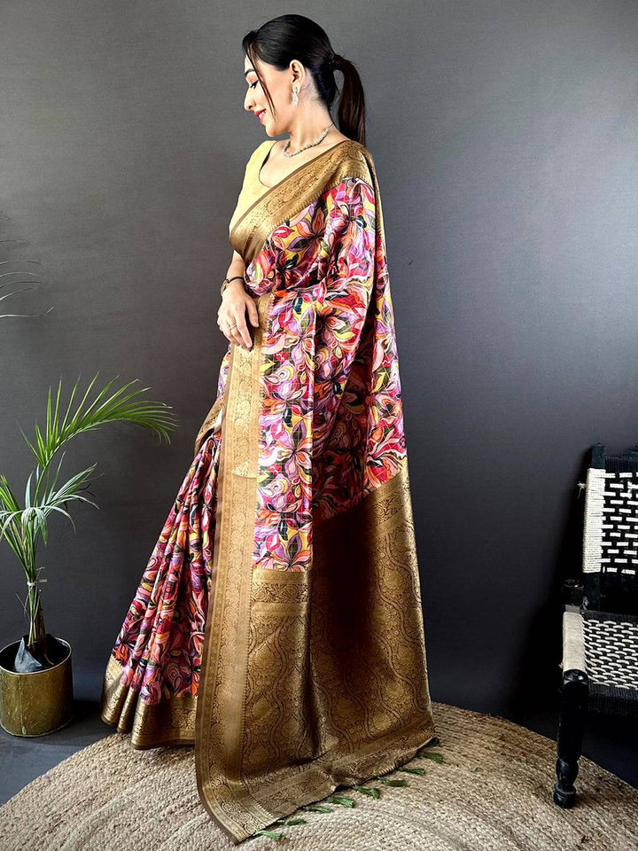 Brown Soft Silk Saree with Birds & Floral Print and Maroon Contrast Border
