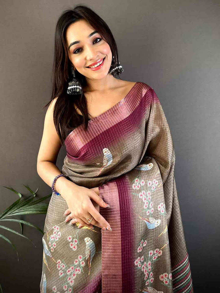 Brown Soft Silk Saree with Birds & Floral Print and Maroon Contrast Border