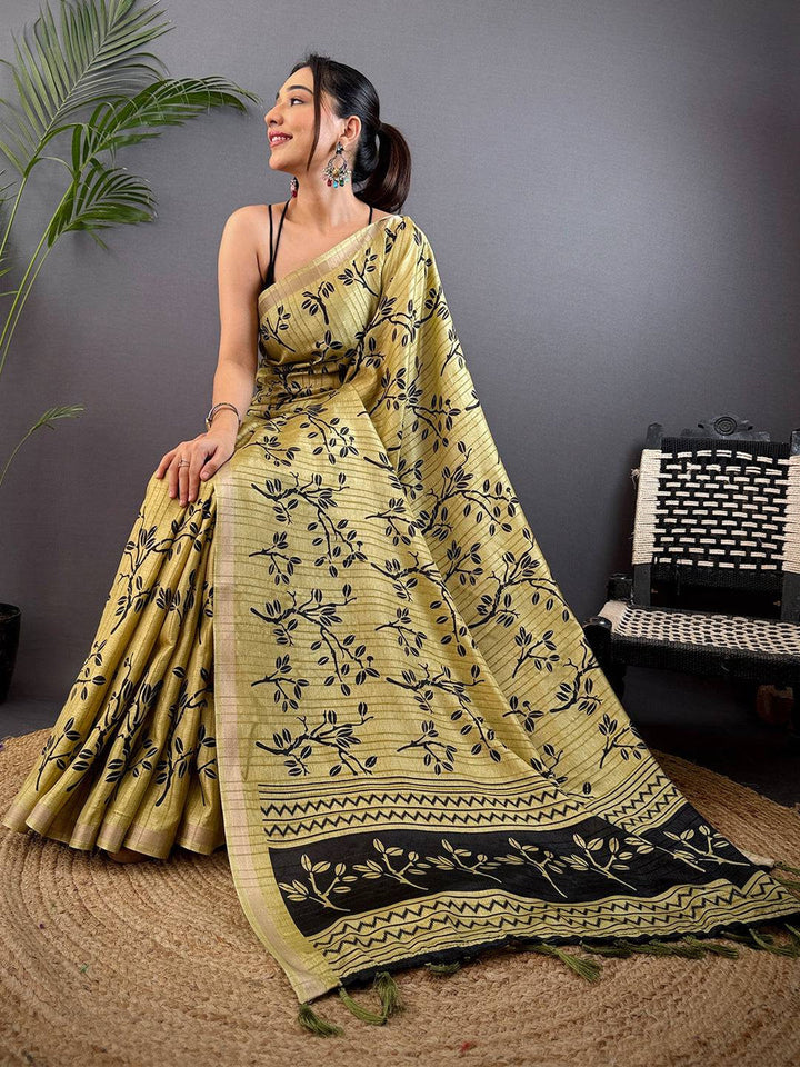 Olive Green Soft Silk Saree with Black Leaf Print & Contrast Woven Border