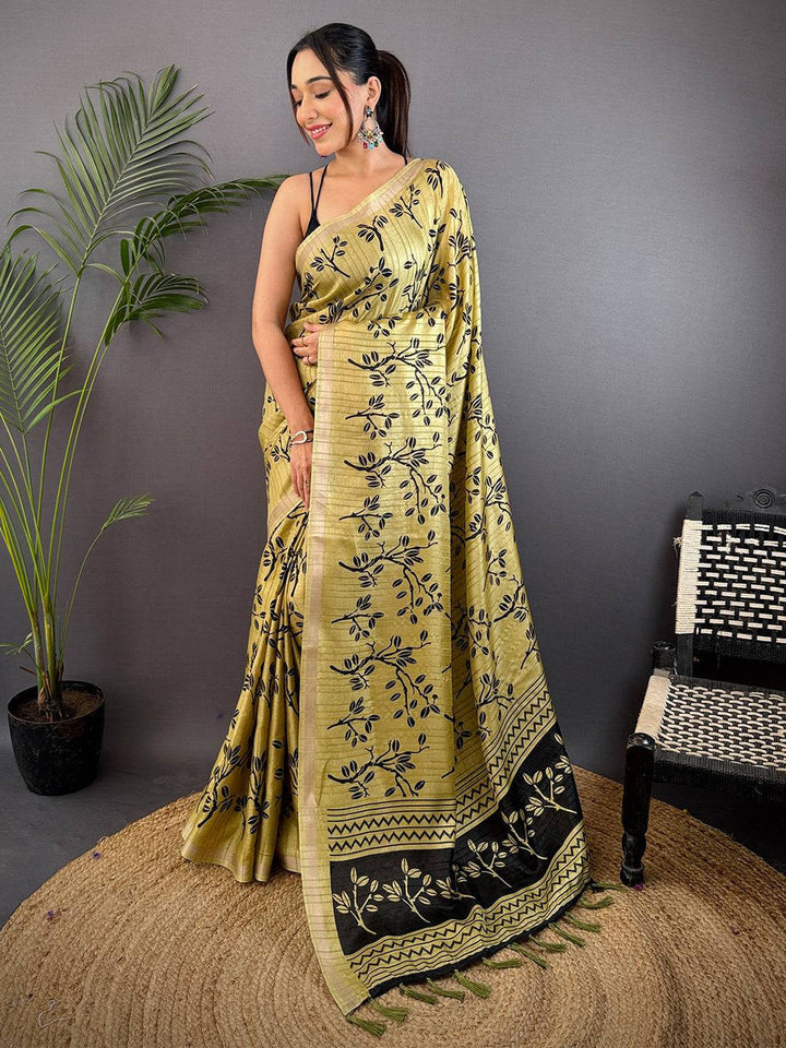 Olive Green Soft Silk Saree with Black Leaf Print & Contrast Woven Border