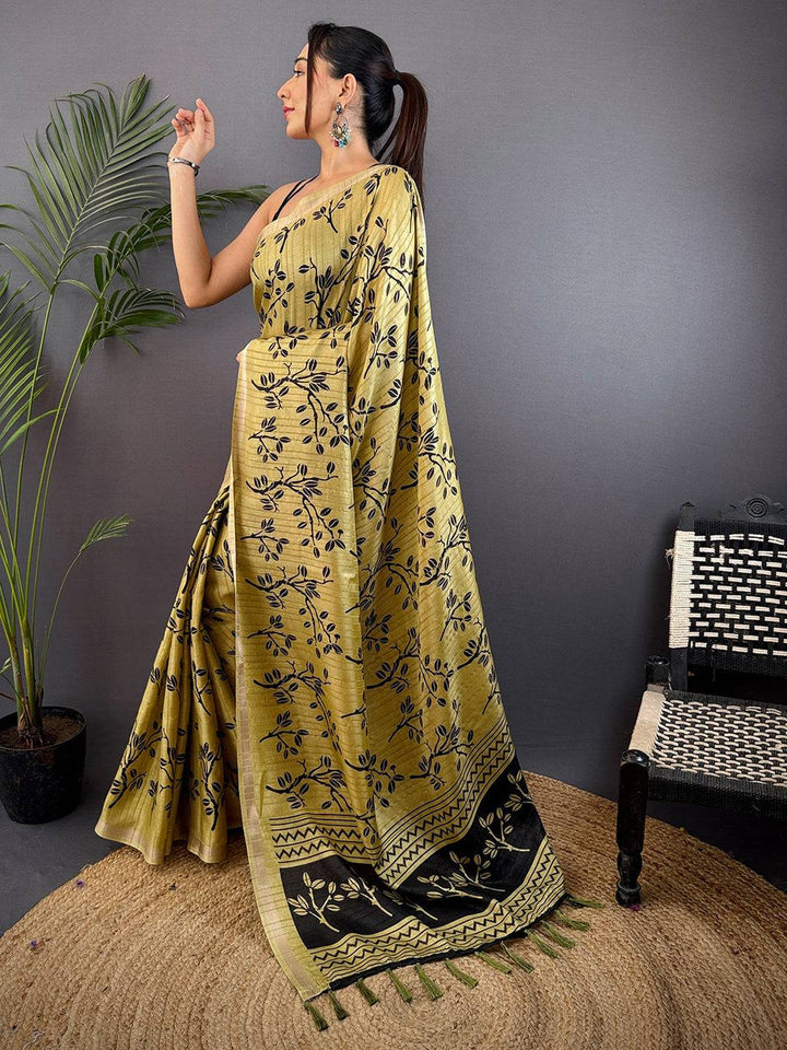 Olive Green Soft Silk Saree with Black Leaf Print & Contrast Woven Border