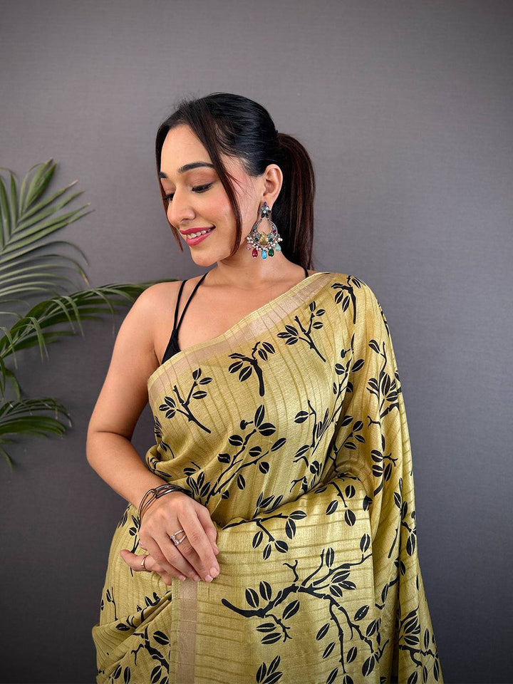 Olive Green Soft Silk Saree with Black Leaf Print & Contrast Woven Border
