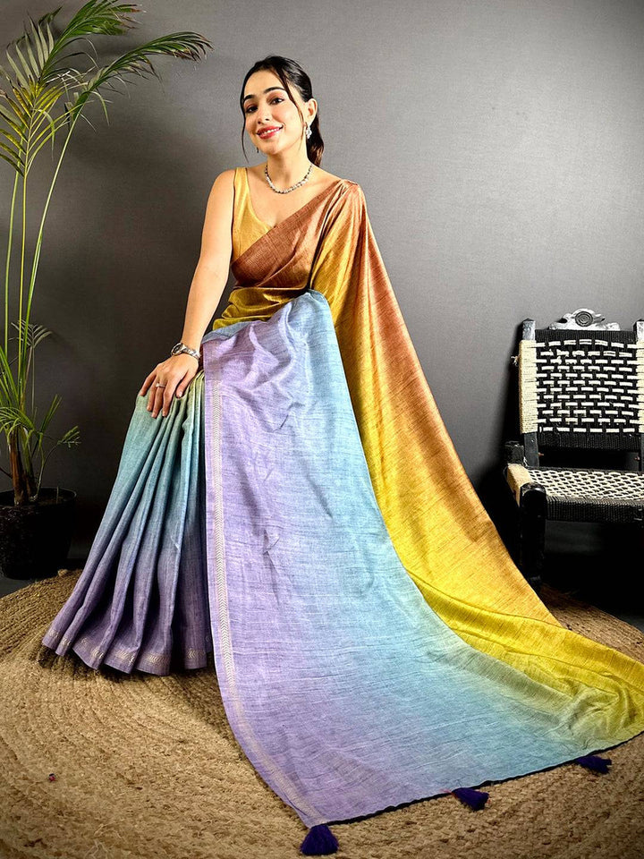 Multicolor Linen Silk Saree with Ombre Shaded Body & Contrast Pallu