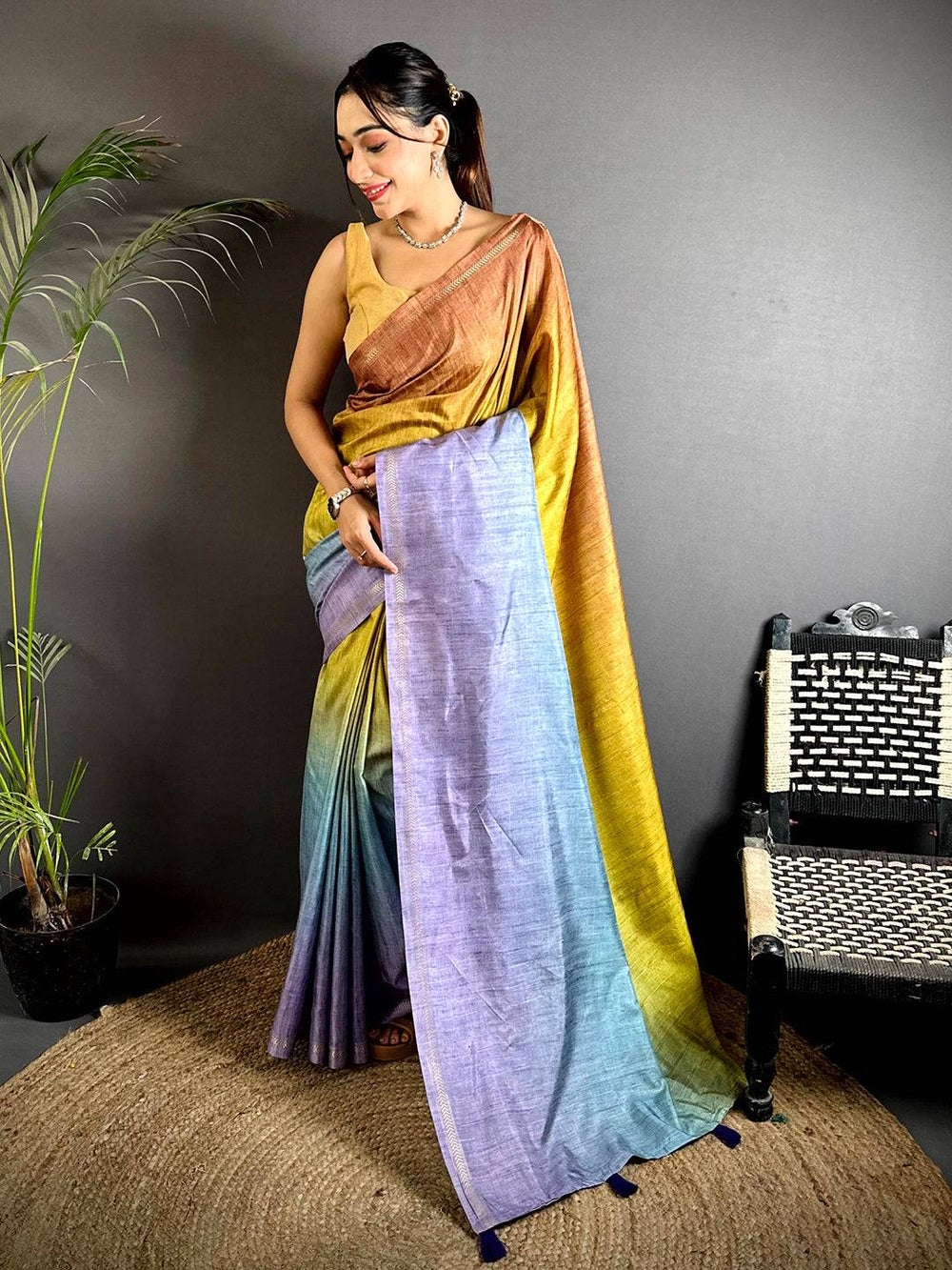 Multicolor Linen Silk Saree with Ombre Shaded Body & Contrast Pallu