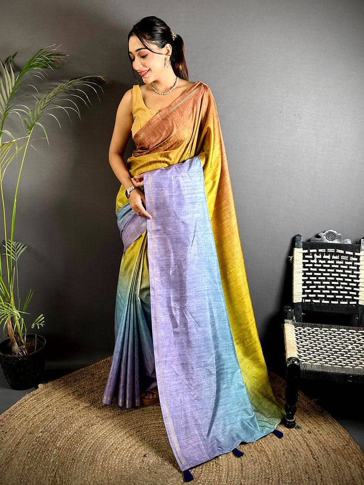 Multicolor Linen Silk Saree with Ombre Shaded Body & Contrast Pallu