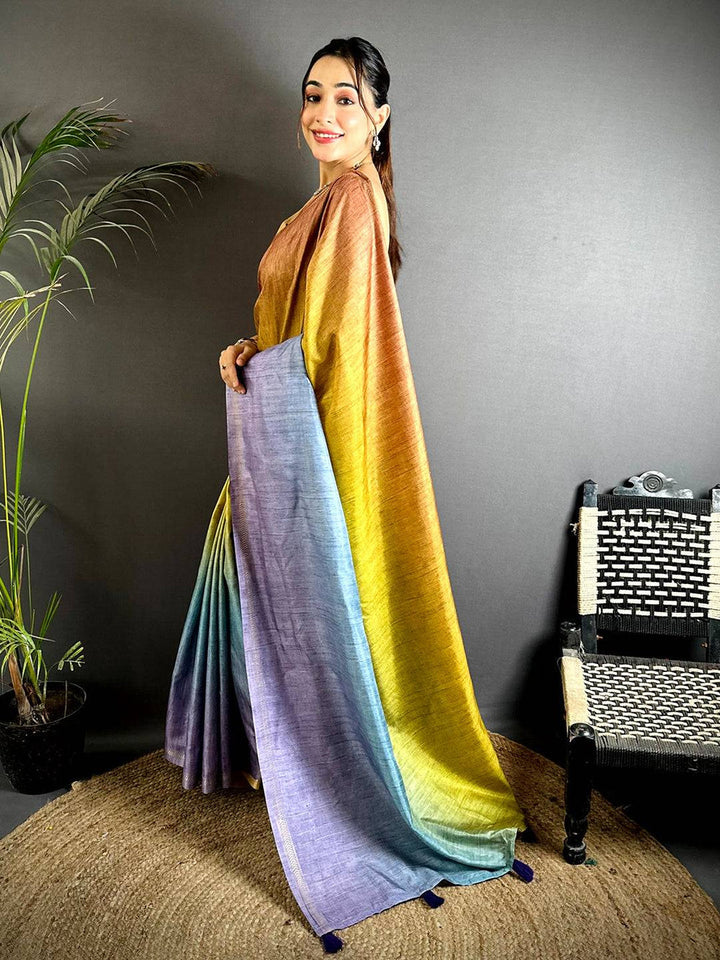 Multicolor Linen Silk Saree with Ombre Shaded Body & Contrast Pallu