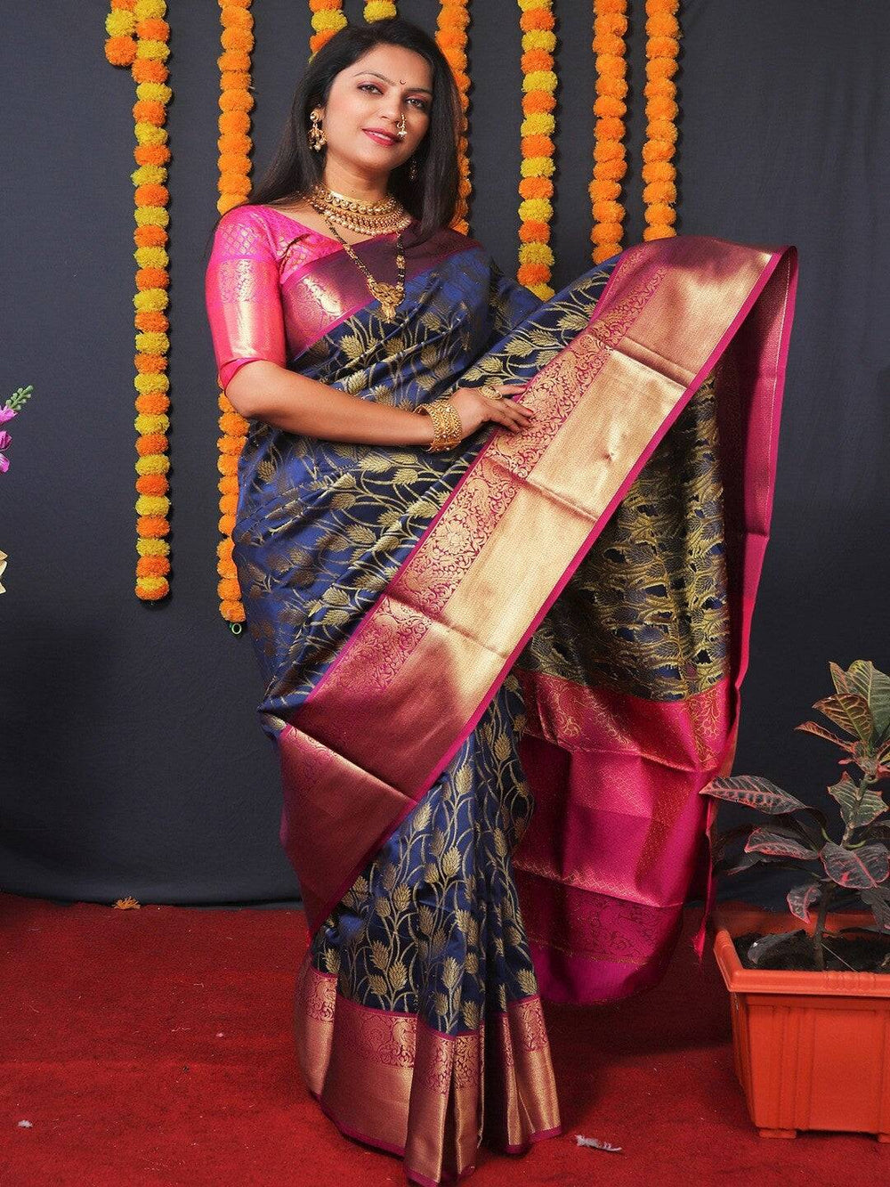 Navy Blue & Pink Banarasi Silk Saree with Rich Gold Zari Weaving